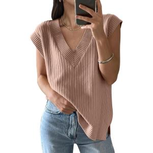imageANRABESS Womens V Neck Sweater Vest Oversized Sleeveless Tops Casual Ribbed Knit Loose 2025 Summer Tank Top Outfits ClothesKhaki