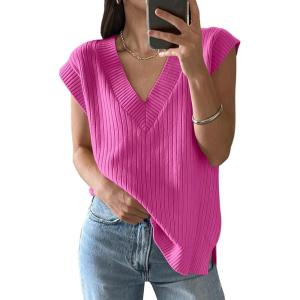 imageANRABESS Womens V Neck Sweater Vest Oversized Sleeveless Tops Casual Ribbed Knit Loose 2025 Summer Tank Top Outfits ClothesPink