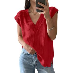imageANRABESS Womens V Neck Sweater Vest Oversized Sleeveless Tops Casual Ribbed Knit Loose 2025 Summer Tank Top Outfits ClothesRed
