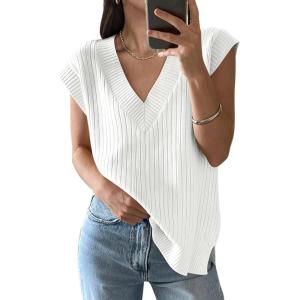 imageANRABESS Womens V Neck Sweater Vest Oversized Sleeveless Tops Casual Ribbed Knit Loose 2025 Summer Tank Top Outfits ClothesWhite