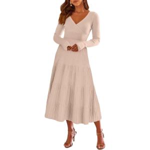 imageANRABESS Womens Wrap Midi Sweater Dresses Long Sleeve V Neck Bodycon High Waist Ribbed Knit Pleated ALine Dress 2024 TrendyAlmond