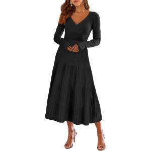 imageANRABESS Womens Wrap Midi Sweater Dresses Long Sleeve V Neck Bodycon High Waist Ribbed Knit Pleated ALine Dress 2024 TrendyBlack