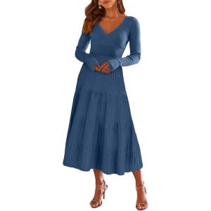 imageANRABESS Womens Wrap Midi Sweater Dresses Long Sleeve V Neck Bodycon High Waist Ribbed Knit Pleated ALine Dress 2024 TrendyBlue