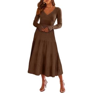imageANRABESS Womens Wrap Midi Sweater Dresses Long Sleeve V Neck Bodycon High Waist Ribbed Knit Pleated ALine Dress 2024 TrendyBrown