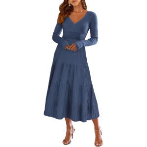 imageANRABESS Womens Wrap Midi Sweater Dresses Long Sleeve V Neck Bodycon High Waist Ribbed Knit Pleated ALine Dress 2024 TrendyDeep Blue
