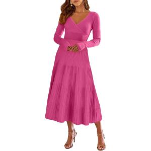 imageANRABESS Womens Wrap Midi Sweater Dresses Long Sleeve V Neck Bodycon High Waist Ribbed Knit Pleated ALine Dress 2024 TrendyHot Pink