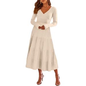 imageANRABESS Womens Wrap Midi Sweater Dresses Long Sleeve V Neck Bodycon High Waist Ribbed Knit Pleated ALine Dress 2024 TrendyKhaki