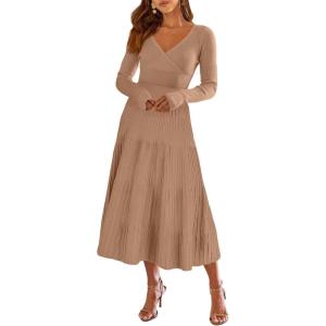 imageANRABESS Womens Wrap Midi Sweater Dresses Long Sleeve V Neck Bodycon High Waist Ribbed Knit Pleated ALine Dress 2024 TrendyLight Camel