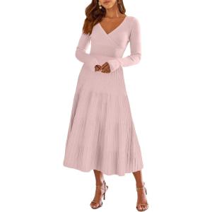 imageANRABESS Womens Wrap Midi Sweater Dresses Long Sleeve V Neck Bodycon High Waist Ribbed Knit Pleated ALine Dress 2024 TrendyLight Pink