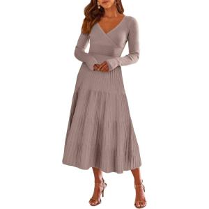 imageANRABESS Womens Wrap Midi Sweater Dresses Long Sleeve V Neck Bodycon High Waist Ribbed Knit Pleated ALine Dress 2024 TrendyPink Almond