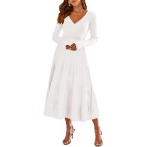imageANRABESS Womens Wrap Midi Sweater Dresses Long Sleeve V Neck Bodycon High Waist Ribbed Knit Pleated ALine Dress 2024 TrendyWhite