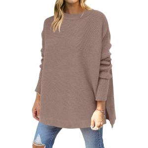 imageANRABESS Women 2024 Casual Oversized Long Batwing Sleeve Crewneck Spilt High Low Knit Tunic Pullover Sweater Trendy OutfitsAlmond