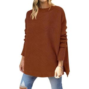 imageANRABESS Women 2024 Casual Oversized Long Batwing Sleeve Crewneck Spilt High Low Knit Tunic Pullover Sweater Trendy OutfitsAuburn
