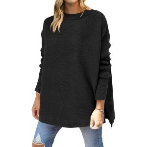 imageANRABESS Women 2024 Casual Oversized Long Batwing Sleeve Crewneck Spilt High Low Knit Tunic Pullover Sweater Trendy OutfitsBlack