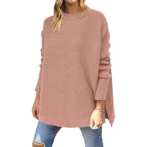 imageANRABESS Women 2024 Casual Oversized Long Batwing Sleeve Crewneck Spilt High Low Knit Tunic Pullover Sweater Trendy OutfitsPink