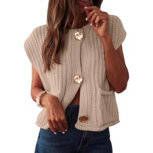 imageANRABESS Women Chunky Knit Sweater Vest Button Down Casual Sleeveless Cardigan with Pockets Spring Trendy Outfits 2025Beige