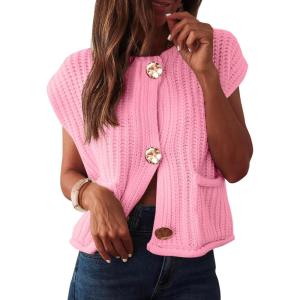 imageANRABESS Women Chunky Knit Sweater Vest Button Down Casual Sleeveless Cardigan with Pockets Spring Trendy Outfits 2025Pink