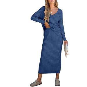 imageANRABESS Womens 2 Piece Outfits Sweater Skirt Sets Casual Long Sleeve V Neck Ribbed Knit Tops Midi Dress 2024 Fall FashionBlue