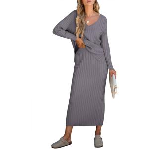 imageANRABESS Womens 2 Piece Outfits Sweater Skirt Sets Casual Long Sleeve V Neck Ribbed Knit Tops Midi Dress 2024 Fall FashionGray Purple