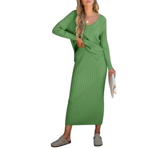 imageANRABESS Womens 2 Piece Outfits Sweater Skirt Sets Casual Long Sleeve V Neck Ribbed Knit Tops Midi Dress 2024 Fall FashionGreen