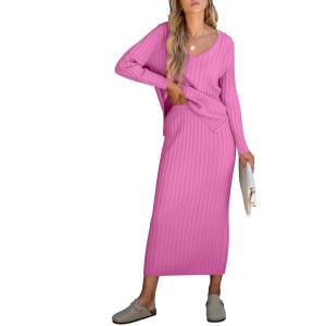 imageANRABESS Womens 2 Piece Outfits Sweater Skirt Sets Casual Long Sleeve V Neck Ribbed Knit Tops Midi Dress 2024 Fall FashionHot Pink