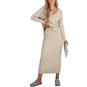 imageANRABESS Womens 2 Piece Outfits Sweater Skirt Sets Casual Long Sleeve V Neck Ribbed Knit Tops Midi Dress 2024 Fall FashionKhaki