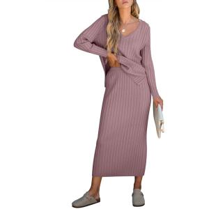 imageANRABESS Womens 2 Piece Outfits Sweater Skirt Sets Casual Long Sleeve V Neck Ribbed Knit Tops Midi Dress 2024 Fall FashionLight Purple