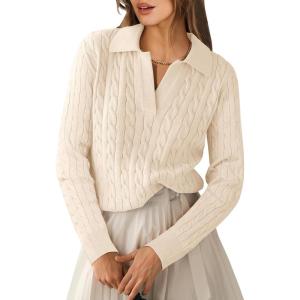 imageANRABESS Womens Cable Knit Sweaters Long Sleeve V Neck Sweater Tops Casual Pullover Polo Shirts 2024 Fall Fashion OutfitsBeige