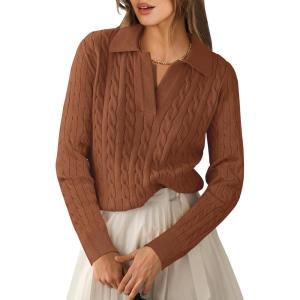imageANRABESS Womens Cable Knit Sweaters Long Sleeve V Neck Sweater Tops Casual Pullover Polo Shirts 2024 Fall Fashion OutfitsBrown