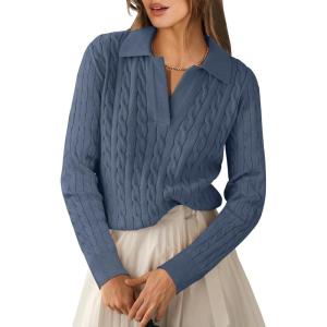imageANRABESS Womens Cable Knit Sweaters Long Sleeve V Neck Sweater Tops Casual Pullover Polo Shirts 2024 Fall Fashion OutfitsDeep Blue