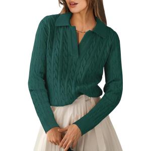 imageANRABESS Womens Cable Knit Sweaters Long Sleeve V Neck Sweater Tops Casual Pullover Polo Shirts 2024 Fall Fashion OutfitsDeep Green
