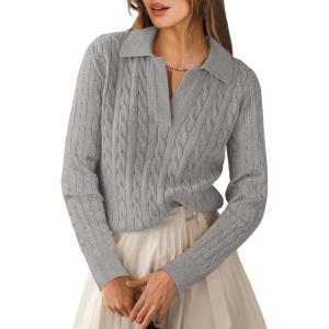 imageANRABESS Womens Cable Knit Sweaters Long Sleeve V Neck Sweater Tops Casual Pullover Polo Shirts 2024 Fall Fashion OutfitsGrey