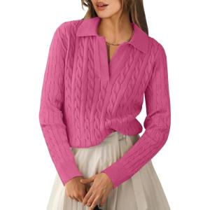 imageANRABESS Womens Cable Knit Sweaters Long Sleeve V Neck Sweater Tops Casual Pullover Polo Shirts 2024 Fall Fashion OutfitsHot Pink