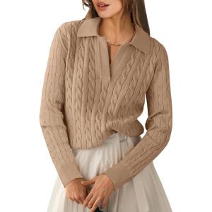 imageANRABESS Womens Cable Knit Sweaters Long Sleeve V Neck Sweater Tops Casual Pullover Polo Shirts 2024 Fall Fashion OutfitsKhaki