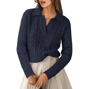 imageANRABESS Womens Cable Knit Sweaters Long Sleeve V Neck Sweater Tops Casual Pullover Polo Shirts 2024 Fall Fashion OutfitsNavy Blue