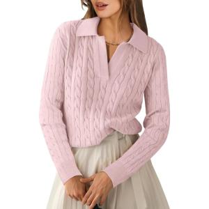 imageANRABESS Womens Cable Knit Sweaters Long Sleeve V Neck Sweater Tops Casual Pullover Polo Shirts 2024 Fall Fashion OutfitsPink