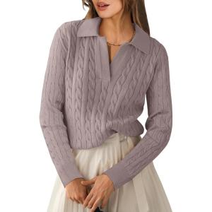 imageANRABESS Womens Cable Knit Sweaters Long Sleeve V Neck Sweater Tops Casual Pullover Polo Shirts 2024 Fall Fashion OutfitsPurple Taupe