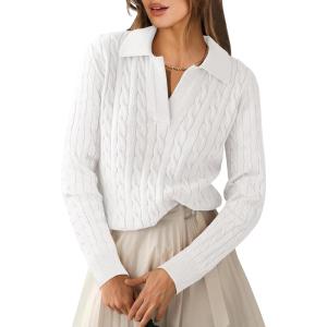 imageANRABESS Womens Cable Knit Sweaters Long Sleeve V Neck Sweater Tops Casual Pullover Polo Shirts 2024 Fall Fashion OutfitsWhite