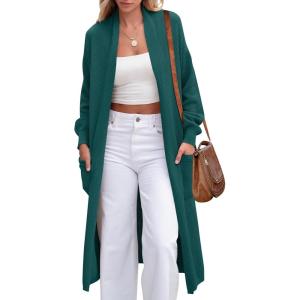 imageANRABESS Womens Long Cardigan Sweater Open Front Long Sleeve Slouchy Oversized Coat 2024 Winter Chunky Knit Waffle CoatiganGreen