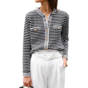 imageANRABESS Womens Striped Cardigan Sweaters Casual Long Sleeve Open Front Button Down Knit Cropped Jackets Fall Coat OuterwearStripe Black