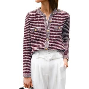 imageANRABESS Womens Striped Cardigan Sweaters Casual Long Sleeve Open Front Button Down Knit Cropped Jackets Fall Coat OuterwearStripe Burgundy