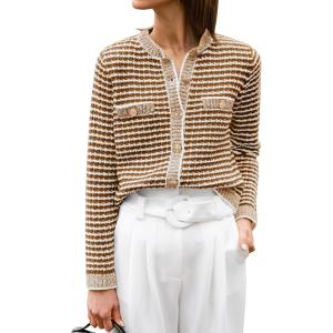 imageANRABESS Womens Striped Cardigan Sweaters Casual Long Sleeve Open Front Button Down Knit Cropped Jackets Fall Coat OuterwearStripe Caramel
