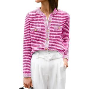 imageANRABESS Womens Striped Cardigan Sweaters Casual Long Sleeve Open Front Button Down Knit Cropped Jackets Fall Coat OuterwearStripe Hot Pink