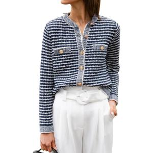 imageANRABESS Womens Striped Cardigan Sweaters Casual Long Sleeve Open Front Button Down Knit Cropped Jackets Fall Coat OuterwearStripe Navy Blue