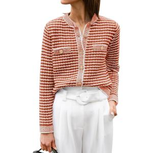 imageANRABESS Womens Striped Cardigan Sweaters Casual Long Sleeve Open Front Button Down Knit Cropped Jackets Fall Coat OuterwearStripe Rust