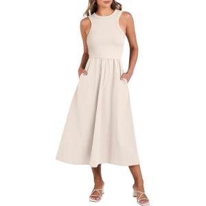 imageANRABESS Womens Summer Casual Sleeveless Midi Sundress Patchwork Knit High Neck Tank Top Racerback Flowy Dresses PocketsApricot