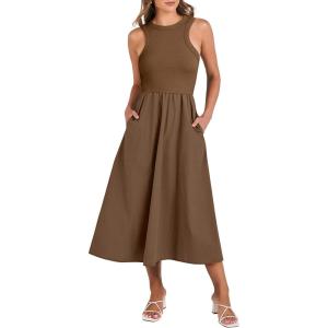 imageANRABESS Womens Summer Casual Sleeveless Midi Sundress Patchwork Knit High Neck Tank Top Racerback Flowy Dresses PocketsBrown