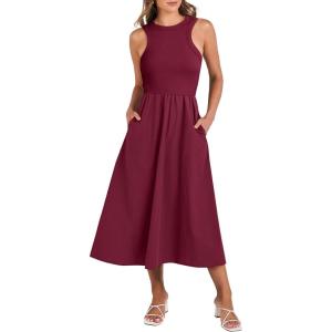 imageANRABESS Womens Summer Casual Sleeveless Midi Sundress Patchwork Knit High Neck Tank Top Racerback Flowy Dresses PocketsBurgundy