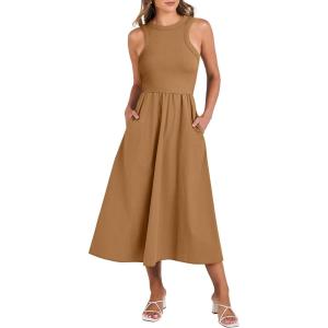imageANRABESS Womens Summer Casual Sleeveless Midi Sundress Patchwork Knit High Neck Tank Top Racerback Flowy Dresses PocketsCaramel