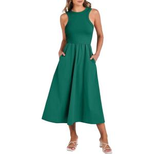 imageANRABESS Womens Summer Casual Sleeveless Midi Sundress Patchwork Knit High Neck Tank Top Racerback Flowy Dresses PocketsDark Green